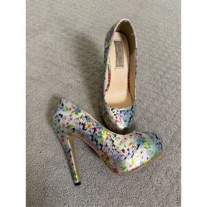 Floral Metallic Platform Pumps – Silver Brocade Print – Size 38 (US 7.5–8)